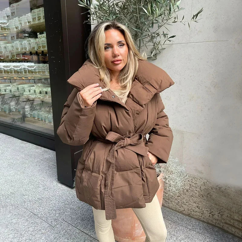 Winter Stand Collar Tie-Waist Puffer Jacket